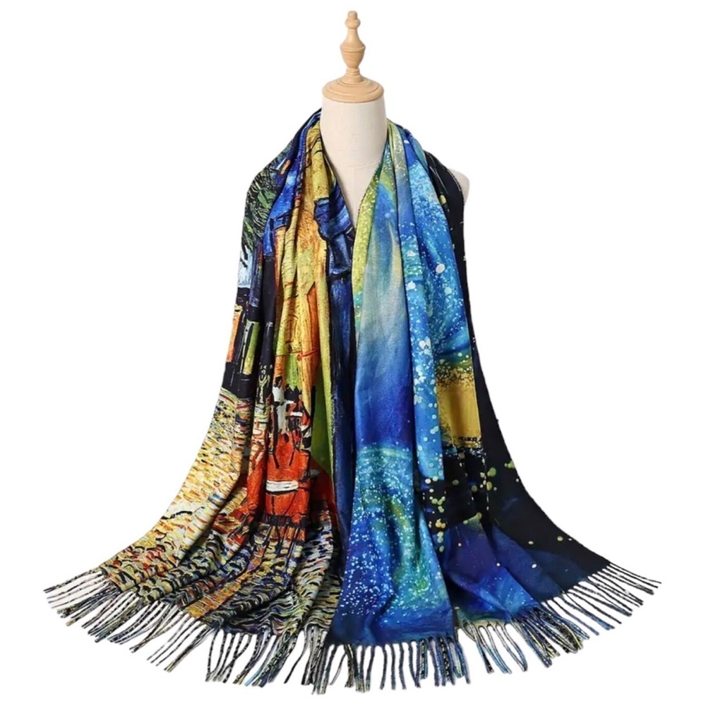 Van Gogh Starry Night / Cafe Terrace Art Print X-Lg Reversible Scarf with Fringe